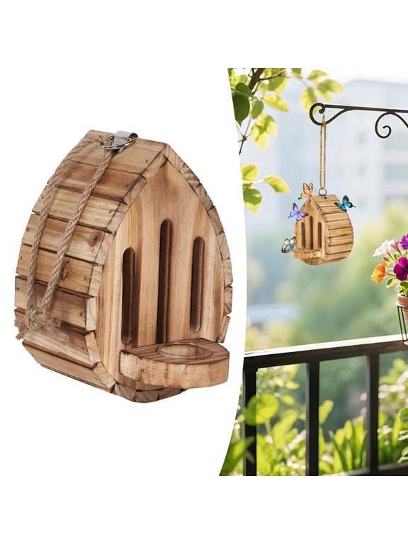 Wooden Butterfly House with Feeder, Hanging Garden Butterfly Habitat, Natural Nesting Box for Butterflies, Moths, Lacewings & Garden Insects