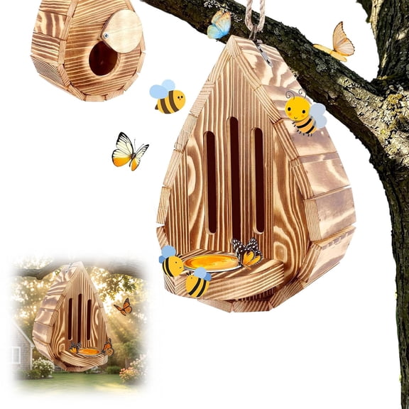 Wooden Butterfly Houses for Garden with Feeder & Back Door, Teardrop-Shaped Nesting Box for Bee, Butterfly, Ladybirds