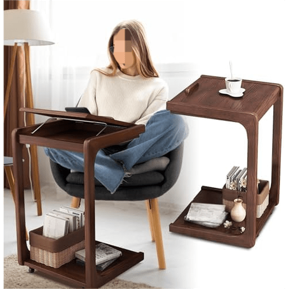 Wooden C-Shaped End Table,Couch Table with 360 Lockable Caster,Small Rolling Side Table with Adjustable Desktop for Living Room,Small Side Tables for Eating Writing Reading Bedroom$$Furniture