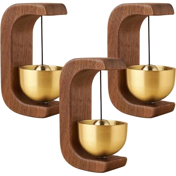 Wooden C Shaped Wind Chime, 3 count Suction Door Type Solid Bells, Adsorbent Walnut Doorbells with Metal Accents, Shopkeepers Bells, Modern Decorative Chimes for Homes, Gardens