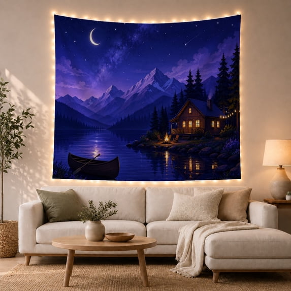 Wooden Cabin Beside a Moonlit Mountain Lake, Cozy Rustic Art for Nature Lovers, Lakeside Retreat Decor, Housewarming Gift, Tapestry Wall Hanging for Bedroom and Den