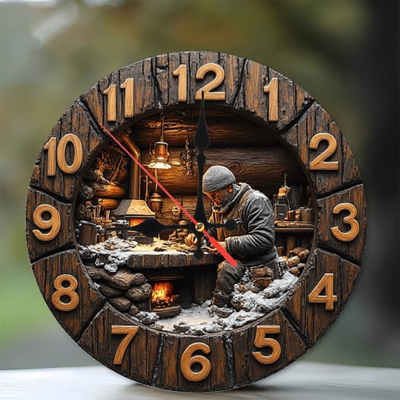 Wooden Cabin Craftsman Fireplace Clock 10-Inch Silent Wooden Wall Clock, Battery Operated (AA Batteries Not Included), Artistic Home Decor