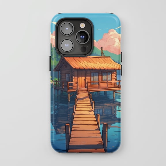 Wooden Cabin Lake Scene For All iPhone Series Tough Phone Case Anime Style Blue Orange