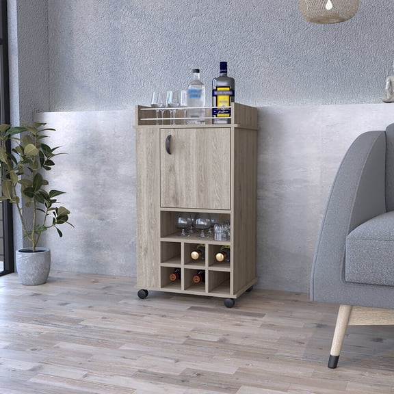 Wooden Cabinets, Bar Cart with Casters Reese, Six Wine Cubbies and Single Door, Light Gray Finish, Light Gray Living Room Cabinets,Particle Board Cabinets With Doors