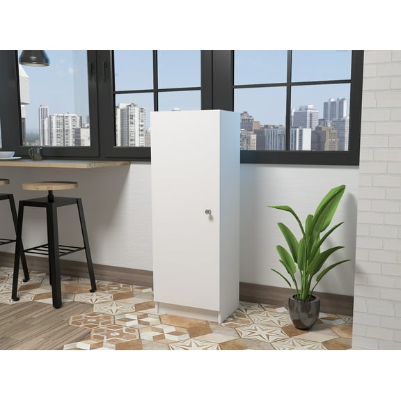 Wooden Cabinets, Belleria Single Door Pantry Storage Cabinet with Four Interior Shelves -White, White Living Room Cabinets,Particle Board Cabinets With Doors