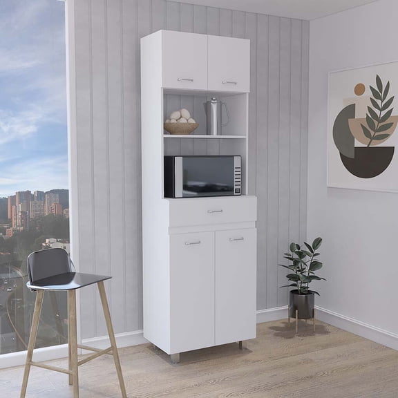 Wooden Cabinets, Caribe Microwave Cabinet, Four Legs, One Drawer, Double Door, One Shelf -White, White Living Room Cabinets,Particle Board Cabinets With Doors