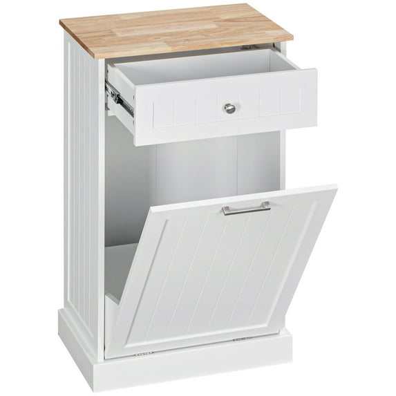 Wooden Cabinets, HOMCOM Kitchen Tilt Out Trash Bin Cabinet Free Standing Recycling Cabinet Trash Can Holder With Drawer, White, White Living Room Cabinets,Mdf Cabinets With Doors