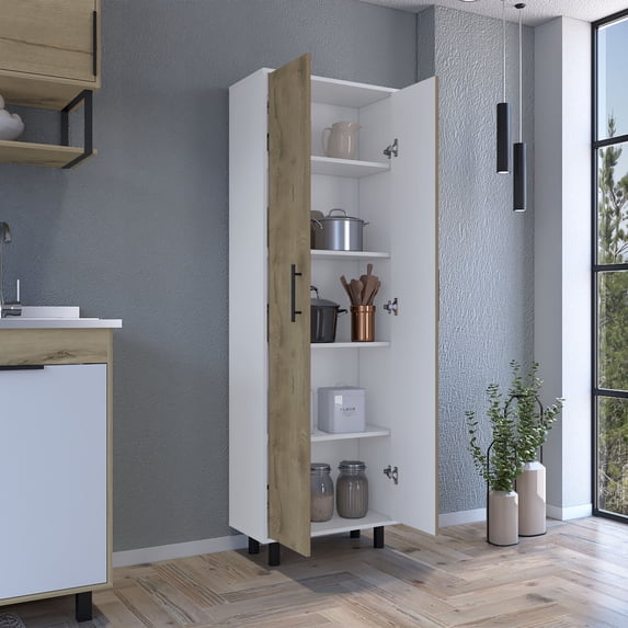 Wooden Cabinets, Multistorage Manacor, Five Shelves, Macadamia and White Finish, Multicolor Living Room Cabinets,Particle Board Cabinets With Doors, Furniture Primary Living Space Cabinets