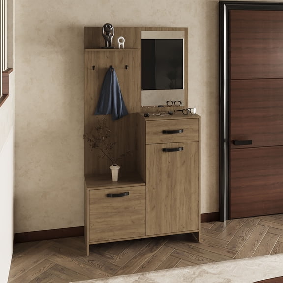 Wooden Cabinets, Parker 75" Tall Mirrored Tree Hall with Hangers, Three Shelves, Two Cabinets, One Drawer, Entry way, Console Table, Living Room Light Oak, Oak Living Room Cabinets