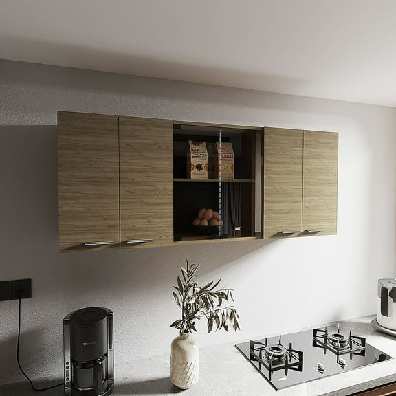 Wooden Cabinets, Superior 150 Wall Cabinet With Glass, Four Interior Shelves, Two Double Door Natural Oak, Oak Living Room Cabinets,Mdf Cabinets With Doors, Furniture Primary Living Space Cabinets