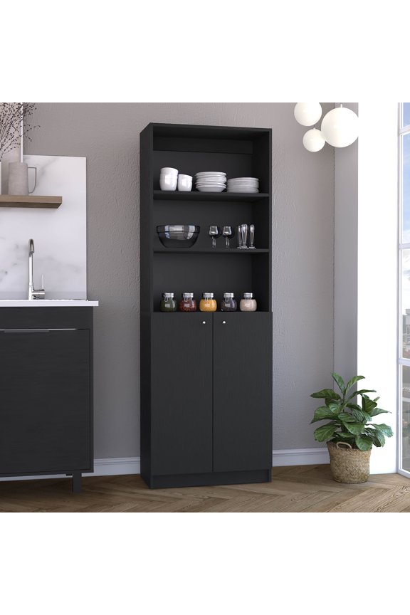 Wooden Cabinets, Vinton 2-Door Bookcase with Upper Shelves, Black, Black Living Room Cabinets,Pine Cabinets With Doors, Furniture Primary Living Space Cabinets