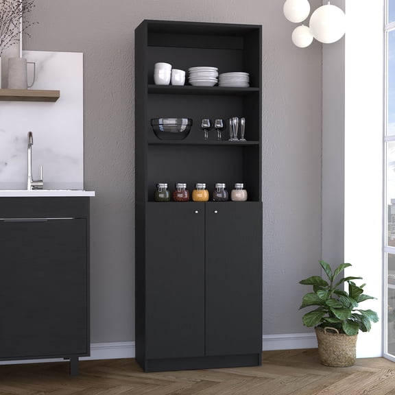 Wooden Cabinets, Vinton 2-Door Bookcase with Upper Shelves, Black, Black Living Room Cabinets,Pine Cabinets With Doors, Furniture Primary Living Space Cabinets