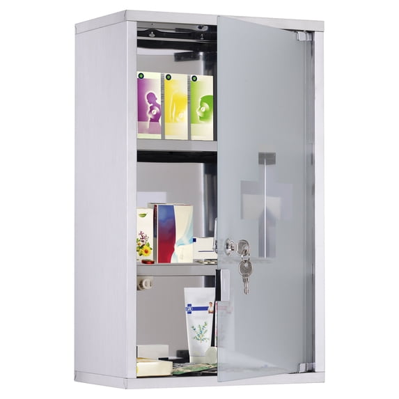 Wooden Cabinets, kleankin Wall Mounted Medicine Cabinet, Locking Wall Cabinet with 3 Tier Shelves, Stainless Steel Frame and Glass Door, Lockable with 2 Keys, Silver, 12" x 20", Living Room Cabinets