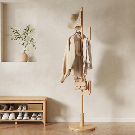 Wooden Cactus Coat Rack Stand with 6 L-Shaped Hooks and 3 Adjustable Heights Natural Rubberwood, Free-Standing, 15.4" x 15.4" x 70.9", 150 lb Capacity
