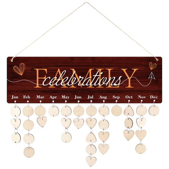 Wooden Calendar Birthday Reminder Family Wall Hanging Board Plaque with Wooden Ornaments Blank Slices for Family Friends Birthday Reminder Home Wall