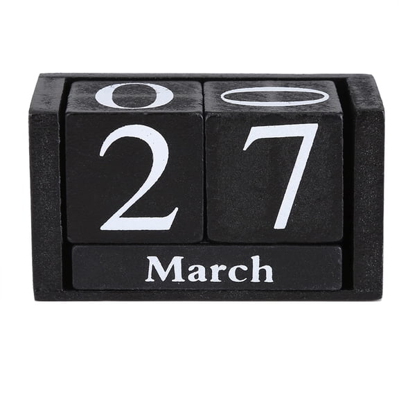Wooden Calendar Desk Block, Classic Desktop Time Shabby Chic Country Cube Wooden Perpetual Calendar Block Vintage Month Date Display (Black)