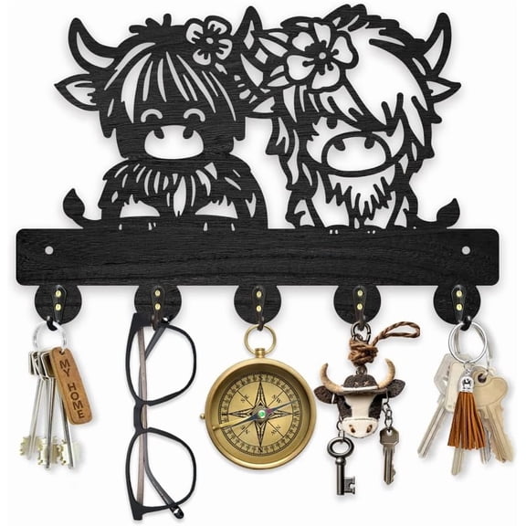 Wooden Calf with Flower Key Holder for Wall 11.8x7.8inch Small Cows Wall Mounted Key Rack Animal Theme Coat Hat Hook 5 Alloy Hooks for Entryway Front Door Hallway Wall Art Decor for DIY