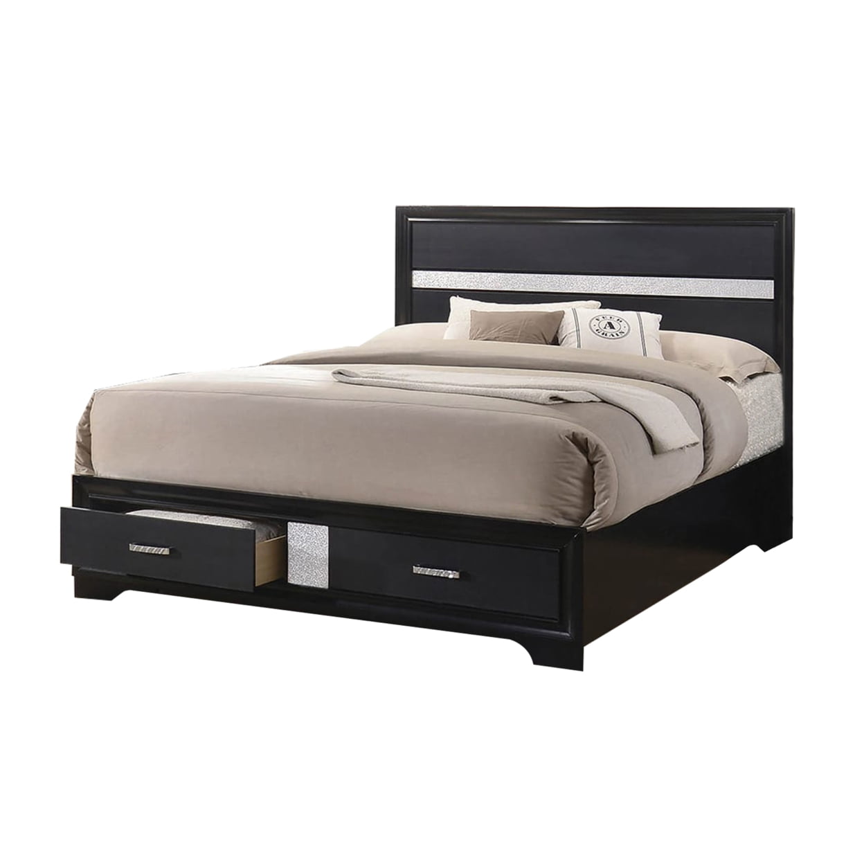 Wooden California King Size Bed with 2 Storage Drawers Black and Silver - Saltoro Sherpi