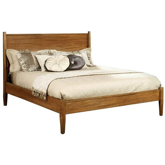 Wooden California King Size Bed with Panel Headboard Oak Brown