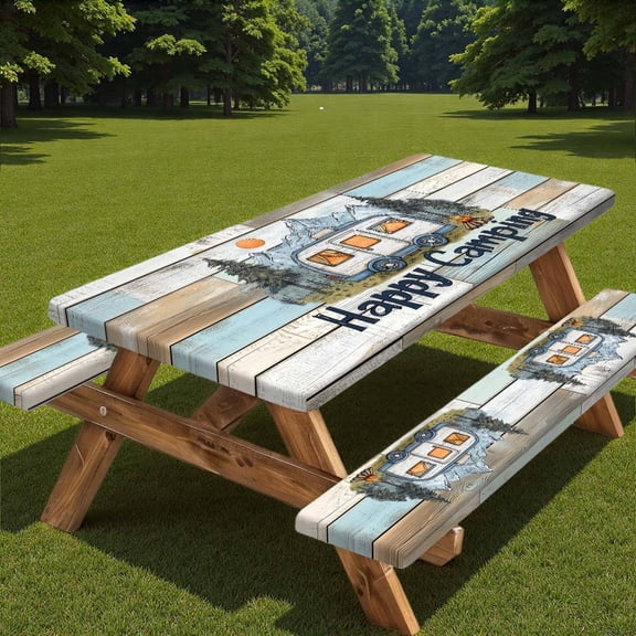 Wooden Camper Picnic Table and Bench Cover, Camping Table Cover with Drawstring Bag, Waterproof Windproof Outdoor Elastic Tablecloth, Fitted Rectangle Tables and Seats 3 Pieces Set, 30x72 Inch