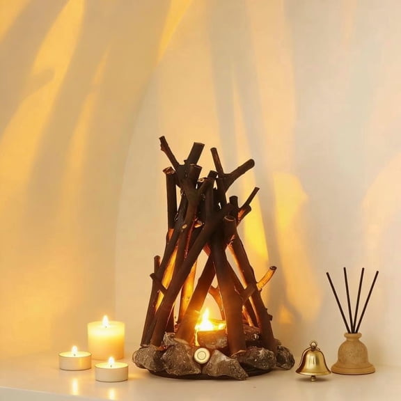 Wooden Campfire Night Light with 3 Lighting Modes and Flame Sound, LED Dimmable Simulated Bonfire Lamp, USB Powered Creative Flame Ambient Lamp for Bedroom,Office,and Relaxation