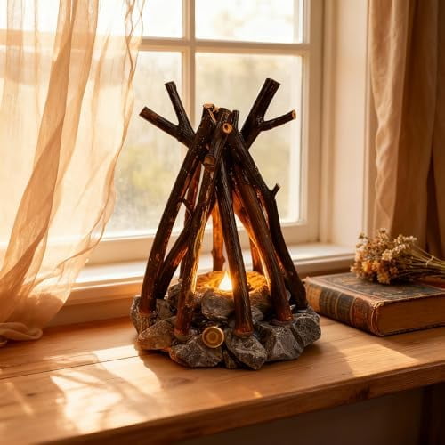 Wooden Campfire Night Light, Fake Fire Lamp with 3 Lighting Modes & Flame Sound, USB Powered LED Fake Flame Lamp for Kids Adults, Indoor Outdoor Fireplace Decor, Halloween Christmas Gift