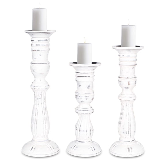 Wooden Candle Holder Set of 3, Tall White Wash Pillar Candle Holders, Rustic Farmhouse Decor, Brown Wooden Candle Stands for Home Decoration - 16, 14, 12 Inch Height
