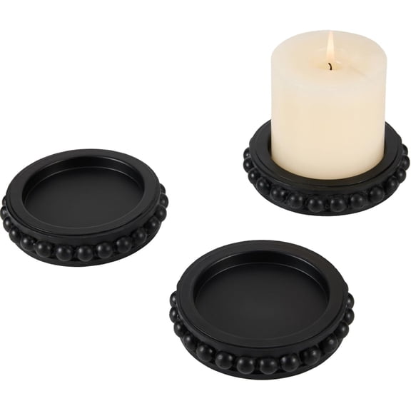 Wooden Candle Holders for Pillar Candles, Set of 3 Wood Beaded Plate with Metal Cup Inserts, 4 I h Rustic Farmhouse Tray Stand for Fireplace Mantel, Table Centerpiece Decor - Black