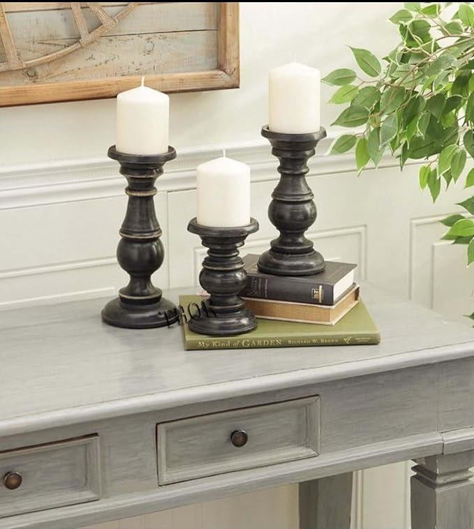 Elegant Black Mango Wood Tabletop Candlestick Trio, 10"