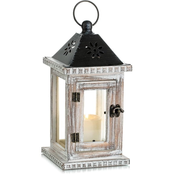 Wooden Candle Lantern for Farmhouse Decor, Whitewashed Rustic Holder for Mantel Patio Table
