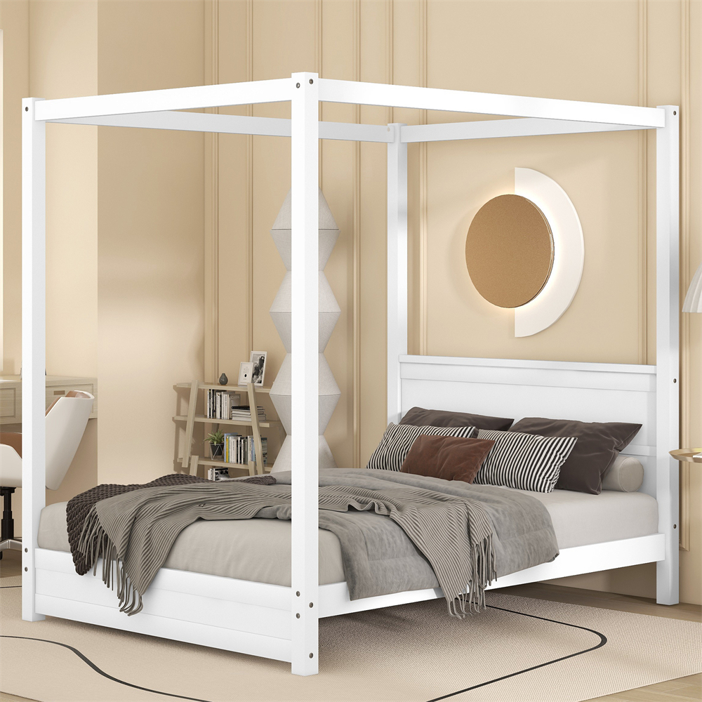 Wooden Canopy Bed Frame with Four Poster Design and Headboard for Kids