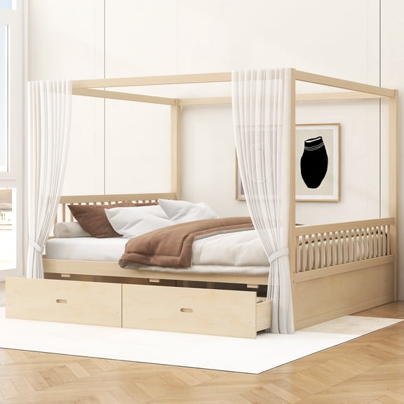 Wooden Canopy Bed with Storage Drawers, Queen size, Natural