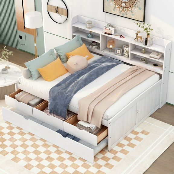 Wooden Captain Bed with Built-in Bookshelves,Three Storage Drawers and Trundle,White Wash