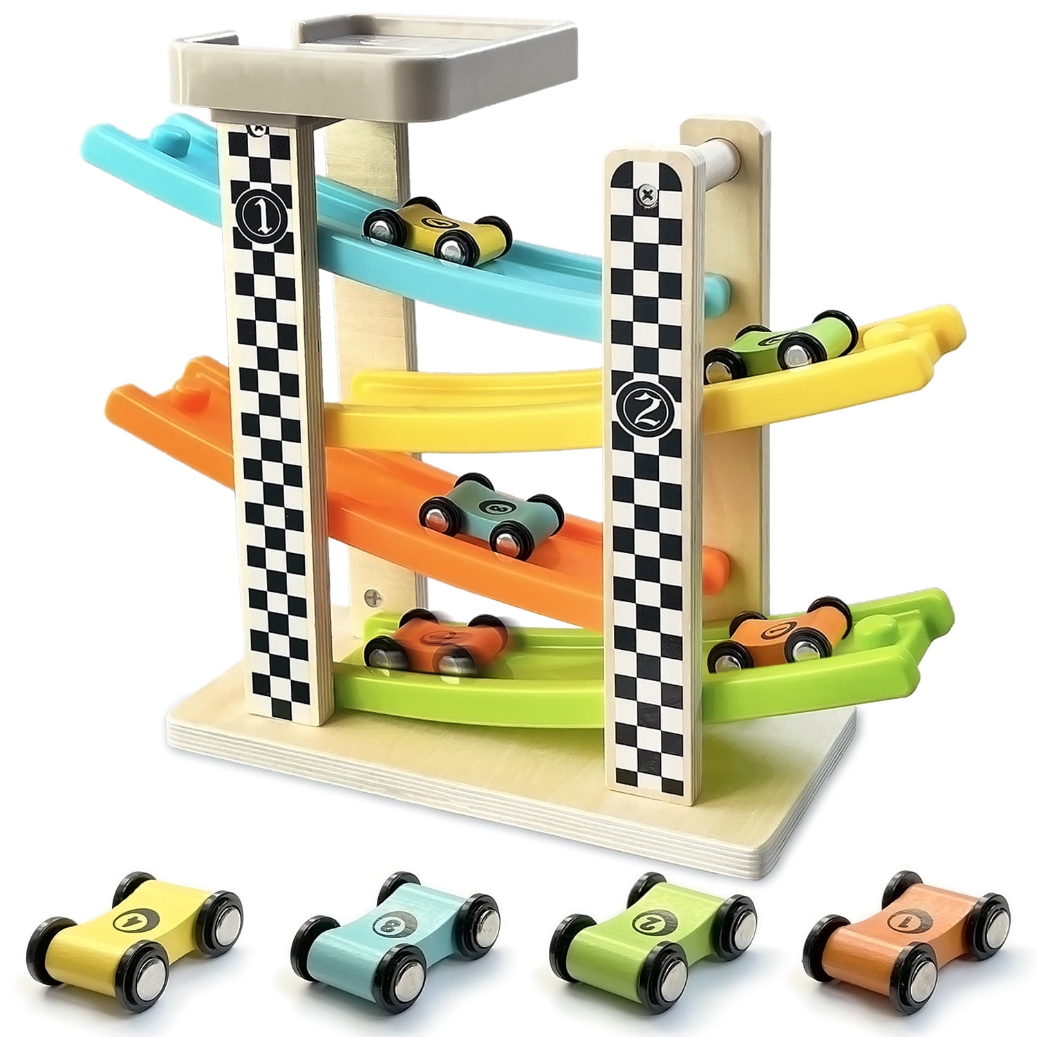 Wooden Car Ramp Toy Set for 1-3 Year Olds, Montessori Toddler Race ...