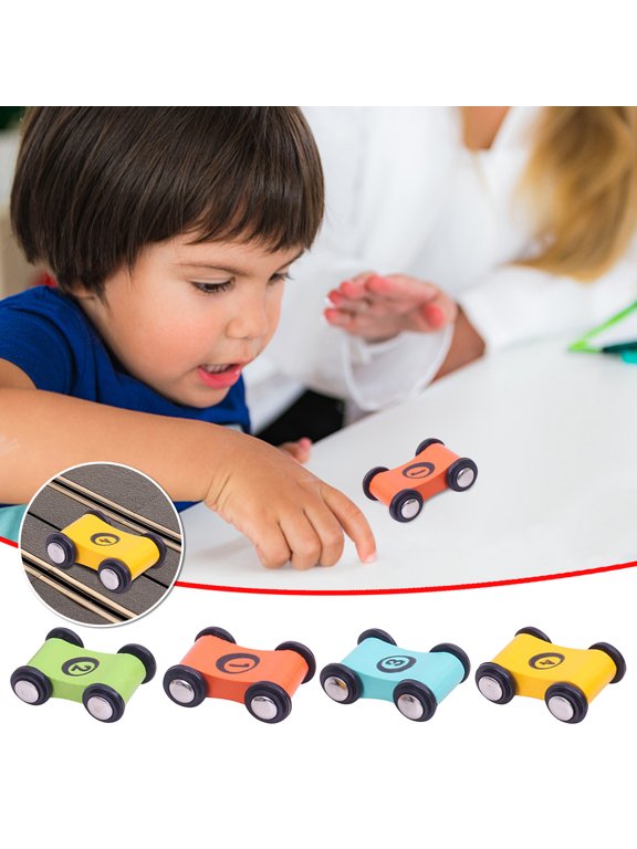Wooden Car Toy Set Inertia, Usupdd 4 Pack Pull Back Racing Cars for Toddlers, Friction Powered Sliding Vehicles Educational Toys for Early Childhood
