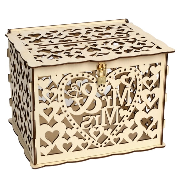 Wooden Card Box, Sign in Box, Large DIY Mr & Mrs Wedding Card Holder with Lock, Heart Carved Money Box for Party, Keepsake Decoration