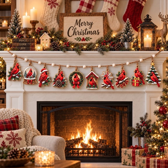 Wooden Cardinal Christmas Garland, Red Winter Bird Ornament Strand for Mantel Holiday Decorating