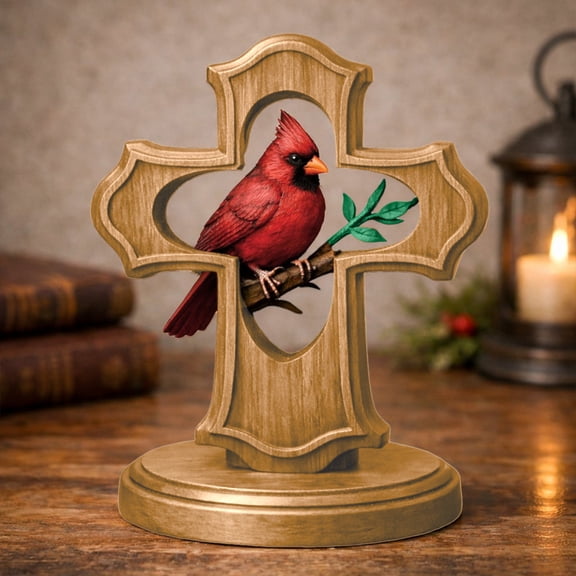 Wooden Cardinal Cross Figurine - Handcrafted Religious Bird Statue with Branch, Christian Home Decor for Living Room, Study or Memorial Display