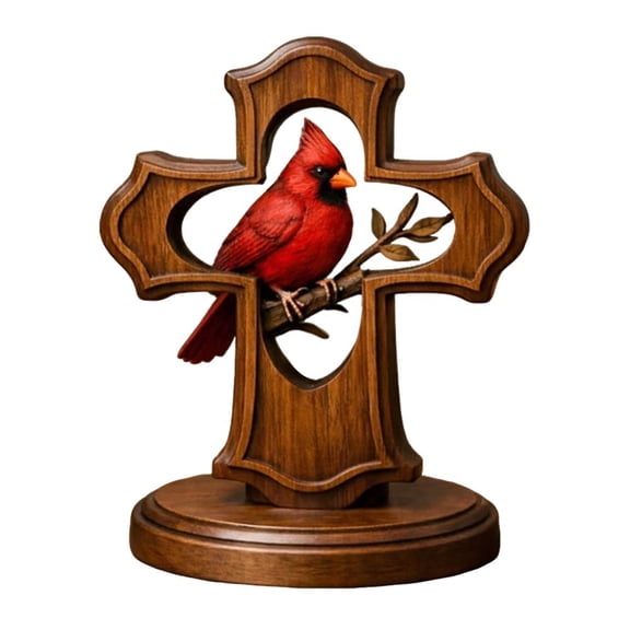 Wooden Cardinal Cross Ornament, Religious Memorial Gift with Christian Symbolism for Home Decor