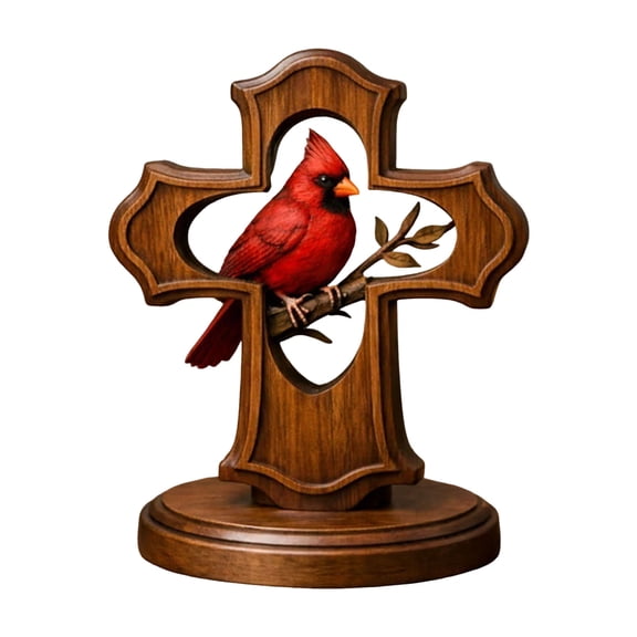 Wooden Cardinal Memorial Cross - Handcrafted Sympathy Gift for Bereavement with Cardinal and Olive Branch, Christian Remembrance Keepsake for Shelf, Desk & Home Decor (1PCS)