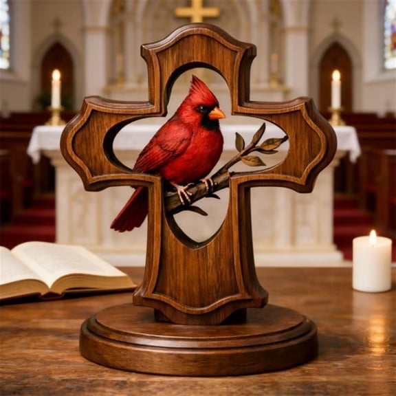 Wooden Cardinal Memorial Cross, Handcrafted Sympathy Gift with Red Cardinal and Olive Branch, Christian Bereavement Keepsake for Shelf Desk Home Decor, Tabletop Cross with Base,4.92 Inches