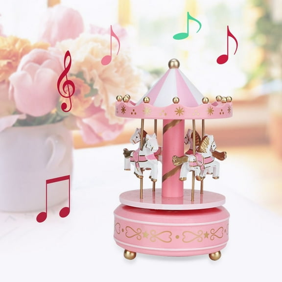 Wooden Carousel Music Box Children Toy Valentines Day Wedding Birthday Gift Home Decor (Pink)