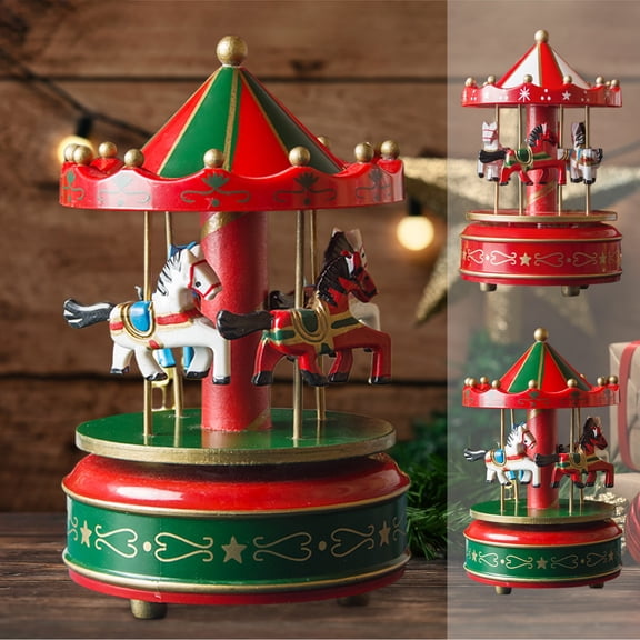 Wooden Carousel Music Box | Rotating Horse Design | Classic Traditional Home Decor | Melodious Melody Gift | 10cm x 16cm | Compact Ornament | Durable Wooden Material