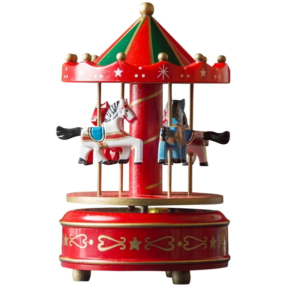 Wooden Carousel Music Box, Vintage Rotating Horse Musical Ornament with Wind-Up Mechanism for Birthday Christmas Gift Home Desktop Decor