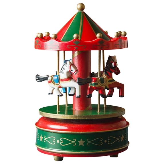 Wooden Carousel Music Box, Vintage Rotating Horse Musical Ornament with Wind-Up Mechanism for Birthday Christmas Gift Home Desktop Decor