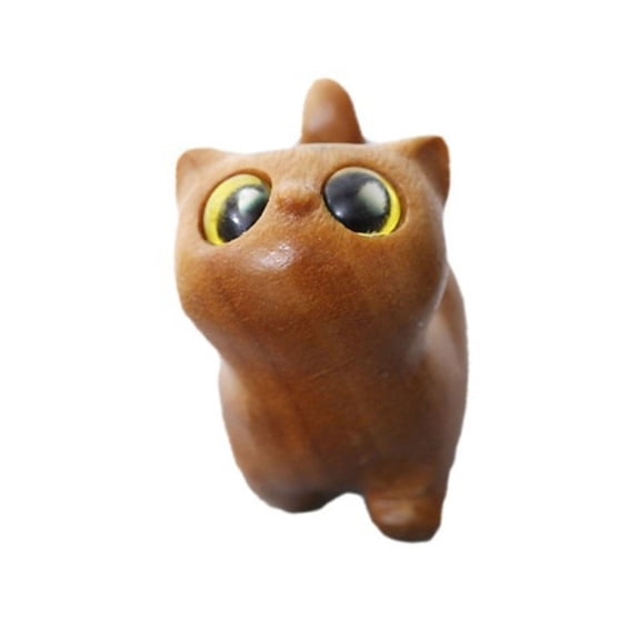 Wooden Carved Cats Figurine with Bright Eye Wood Kitten Miniature Sculpture Collectible Ornament for Home Office Decors