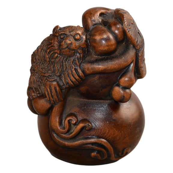 Wooden Carved Figure Monkey Gourd Figurine Sculpture Feng Shui Chinese Traditional Honor Nobility Blessing Kinship Harvest