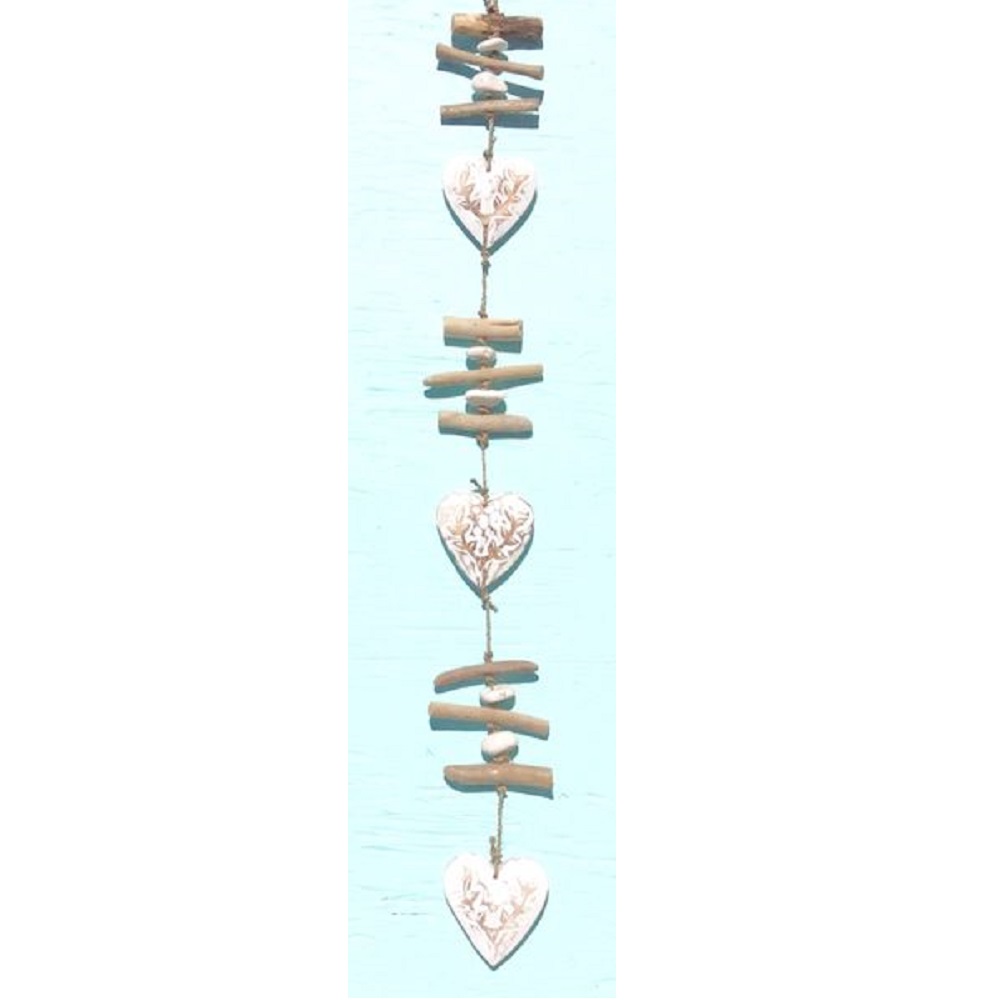 Wooden Carved Heart Strand on a Seagrass Rope with Driftwood and Stones Mobile