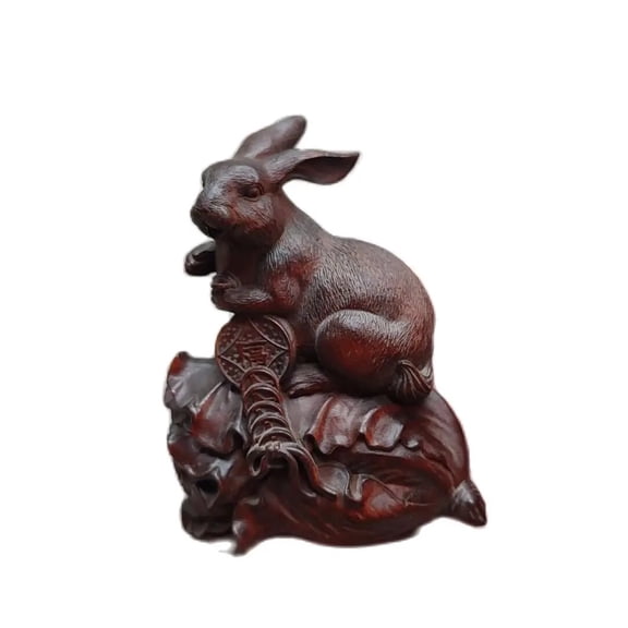 Wooden Carved Lucky Mini Rabbit Statue Gift Chinese Cabbage Money Ornament decorative sculpture home decor