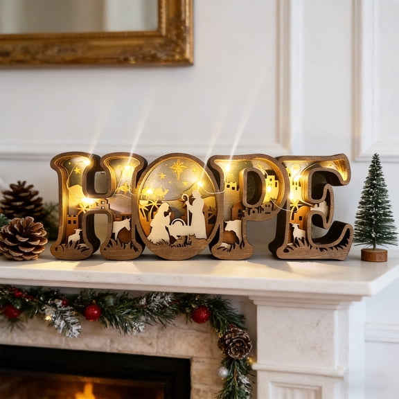 Wooden Carved Nativity Scene and HOPE Letter Table Sign Compact Desk Accent for Home Decoration Christmas Tabletop Hope Letter Sign,Hope Wooden Word Art